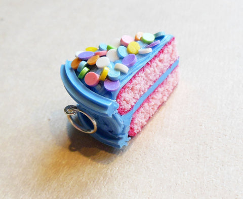 Sky Blue Strawberry Cake Slice Charm or Key Chain Polymer Clay