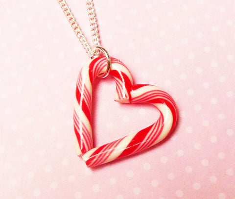 Candy Cane Heart Christmas Necklace - Polymer Clay