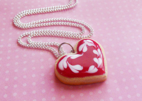 Valentine's Day Red Heart Sugar Cookie Necklace, Polymer Clay