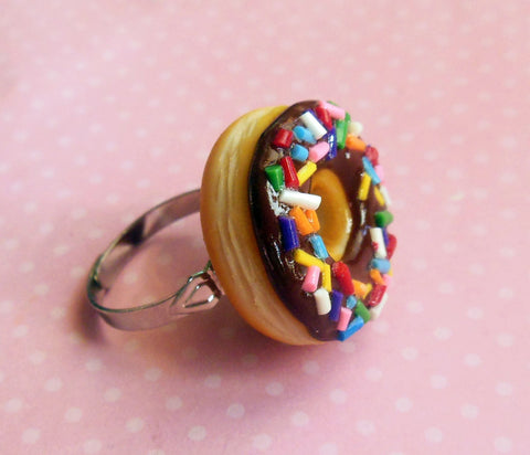 chocolate doughnut with rainbow sprinkles ring, polymer clay